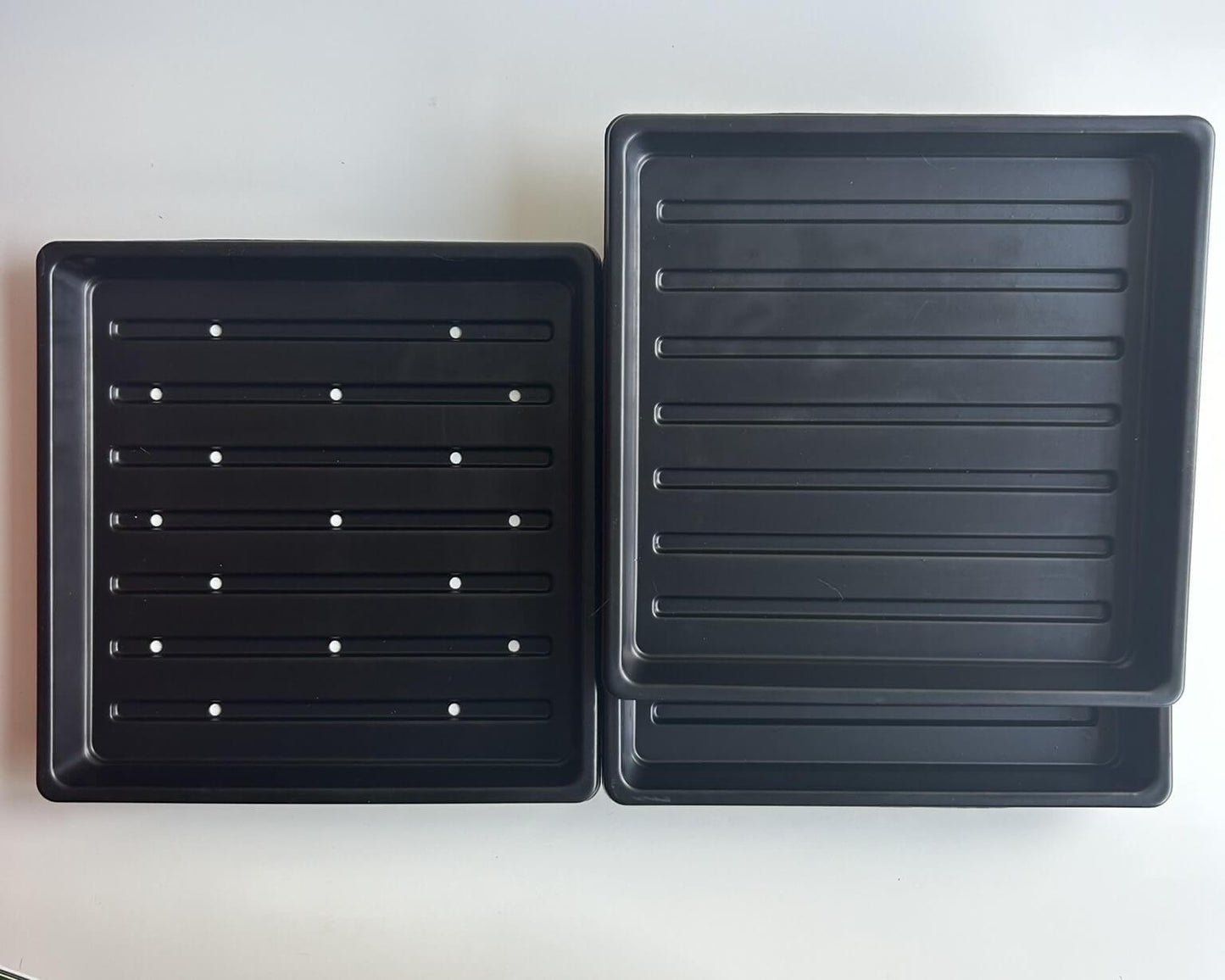 Kweektrays om microgreens te kweken. 2 dichte kweektrays en 1 met gaten.