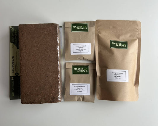 Microgreens starterkit met biologische microgreens zaden (erwt, broccoli en radijs), 2 dichte kweektrays en 1 met gaten, substraat en een hoe kweek je microgreens stappenplan. 